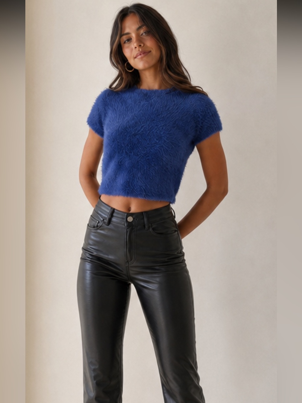 Alice & Olivia Cropped Fuzzy Knit Top in Royal Blue. Size M